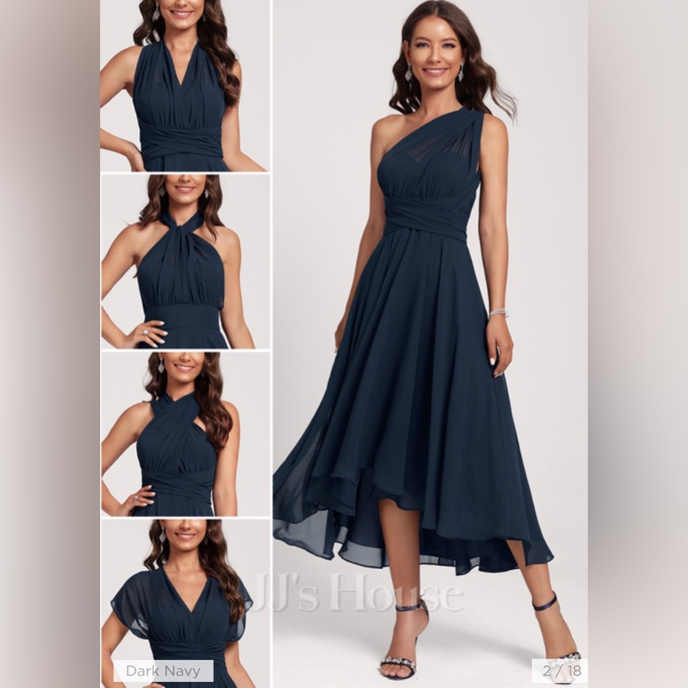 Chiffon dark navy cocktail dress w/convertible straps that can be worn 5 ways.